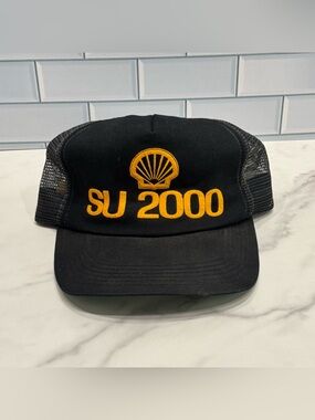 Vintage 80s Trucker Hat Mesh Back Shell SU 2000 Black Snap Back Hat Adult Cap